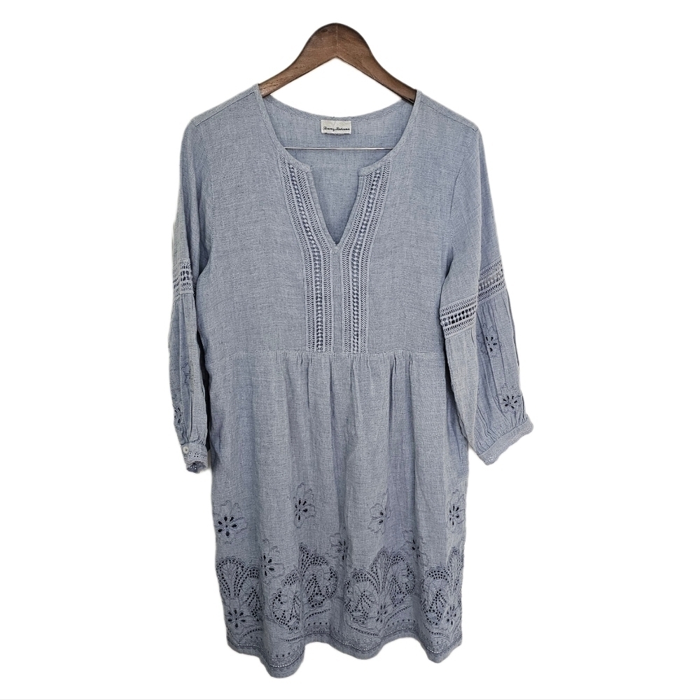 Tommy Bahama linen blend eyelet puff sleeve slit neck dress size XL